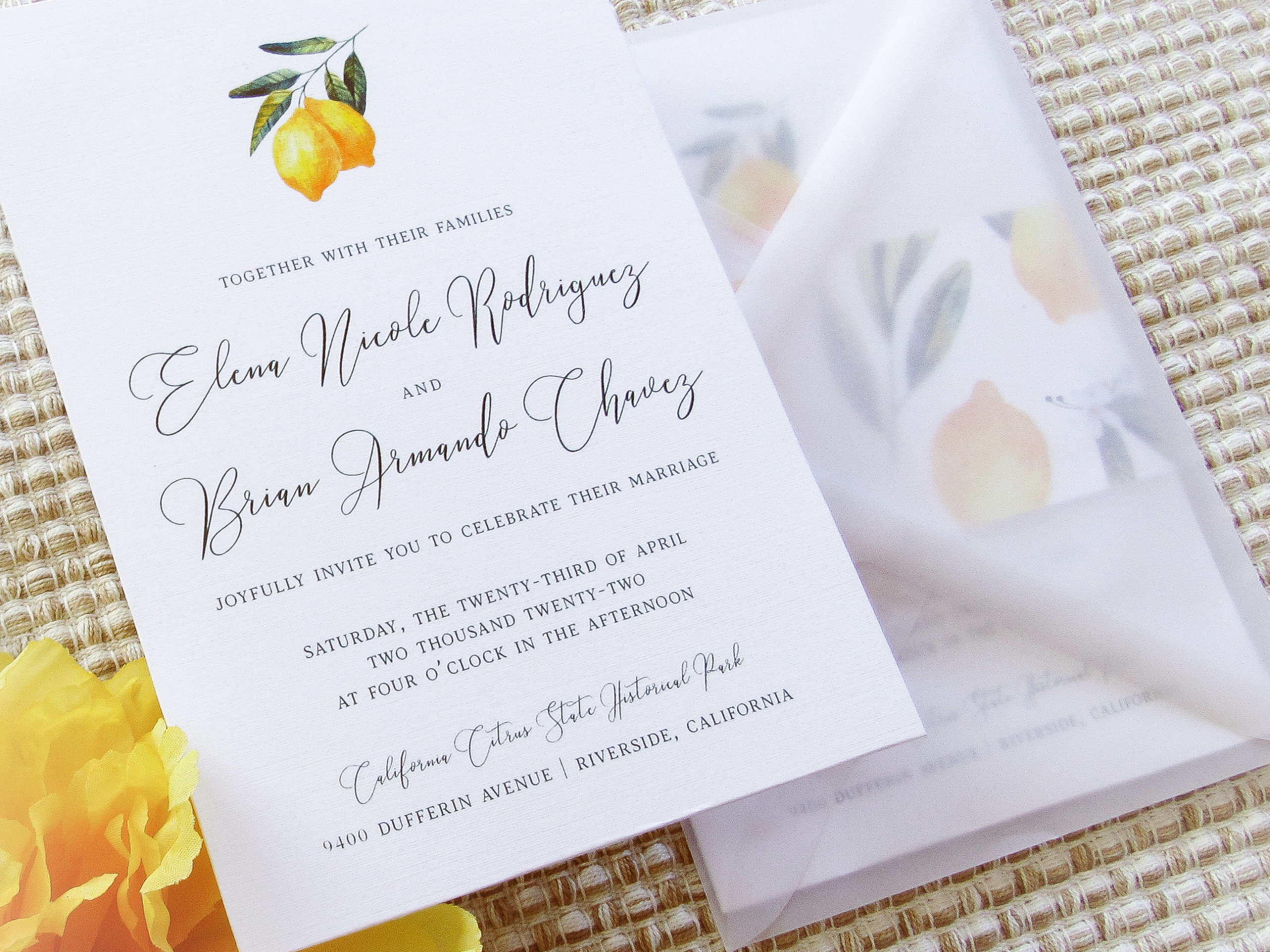 Custom Wedding Invitation Design Orange County / Citrus wedding invitation, vellum envelope wedding invitation, lemon wedding invitation