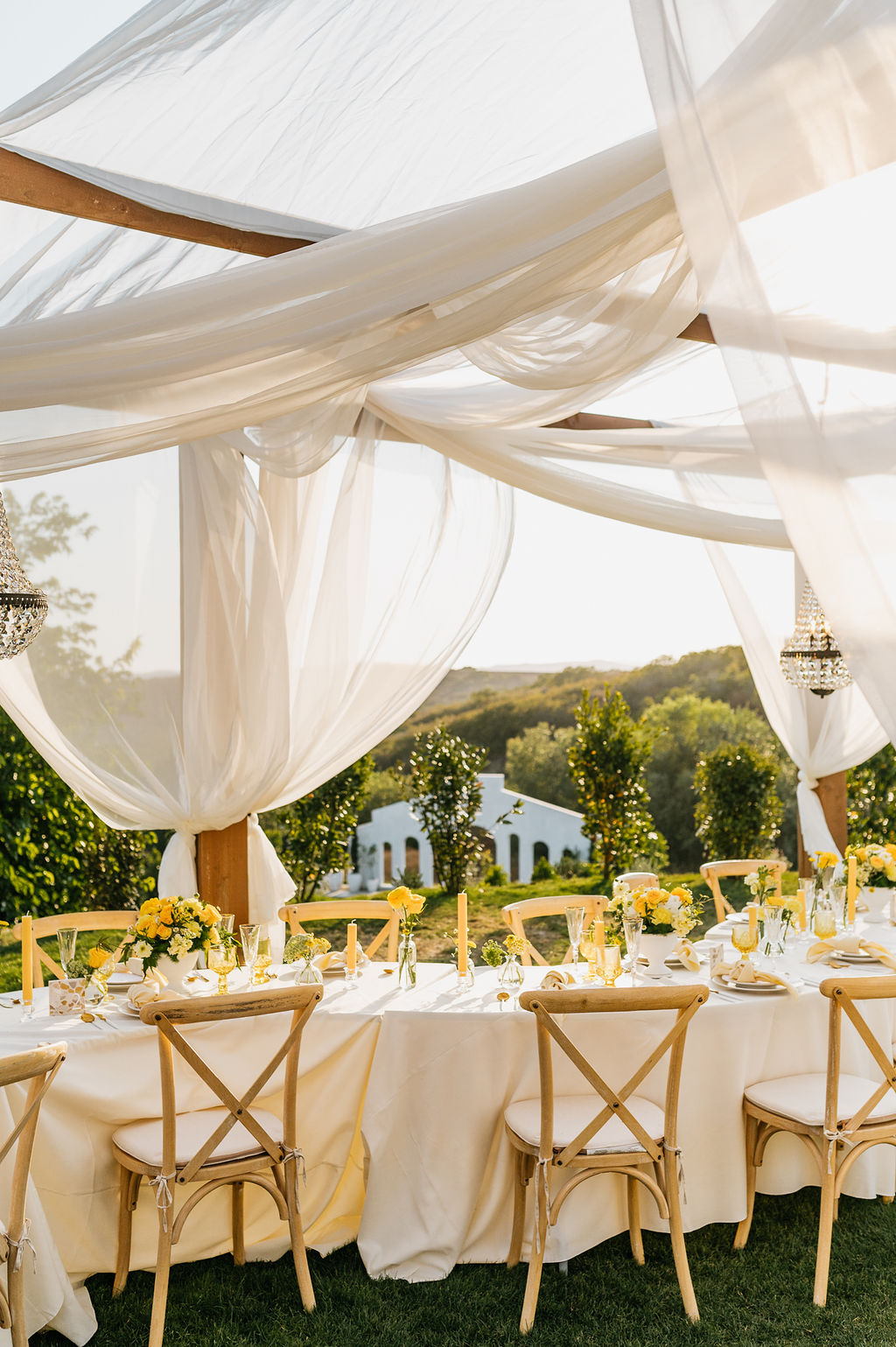 Wood pergola with light drapes encloses the outdoor reception space at Jeune Perche, with custom tables, chairs, linens, and glassware.