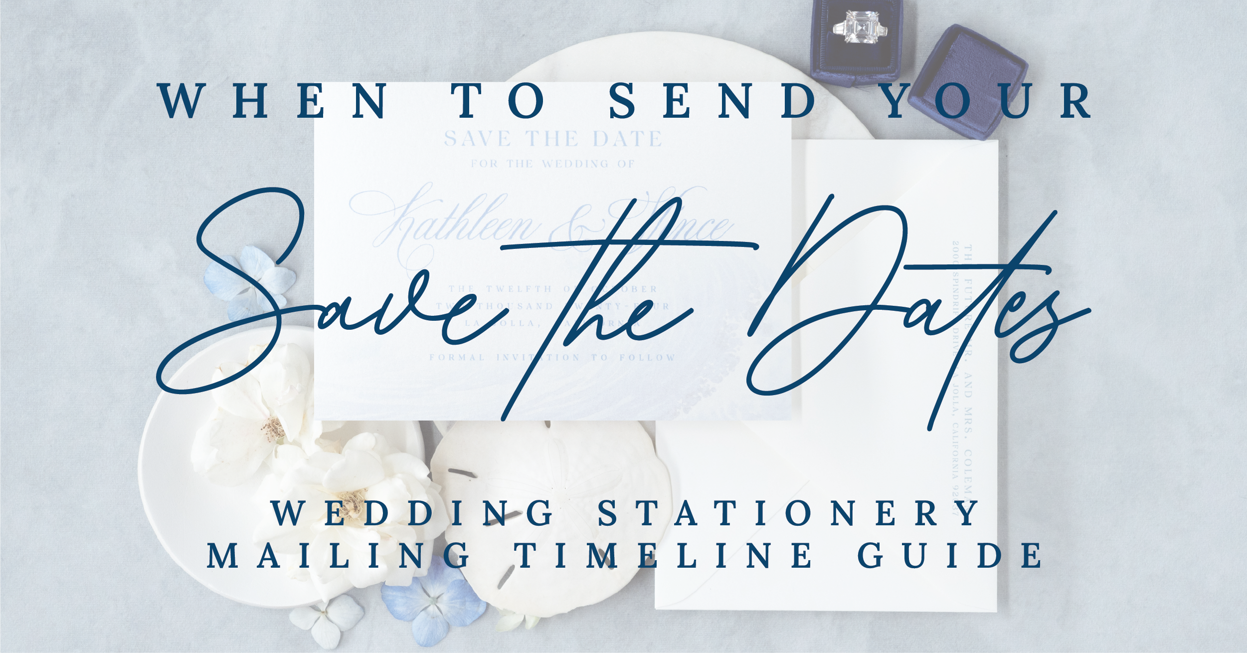 "When to Send Save the Dates" and "Wedding Stationery Mailing Timeline Guide" text overlaying a white envelope, Save the Date card, with navy ring box and florals on a light blue background